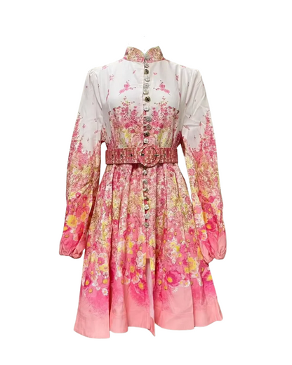 Isadora Pink Floral Jeweled Button Mini Dress