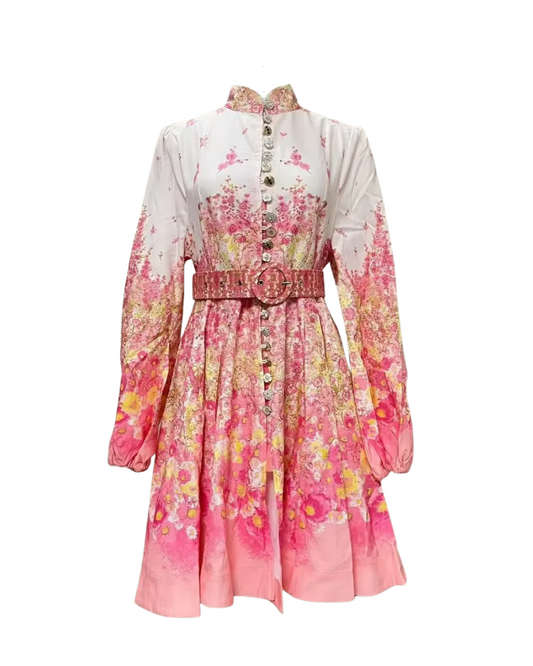 Isadora Pink Floral Jeweled Button Mini Dress