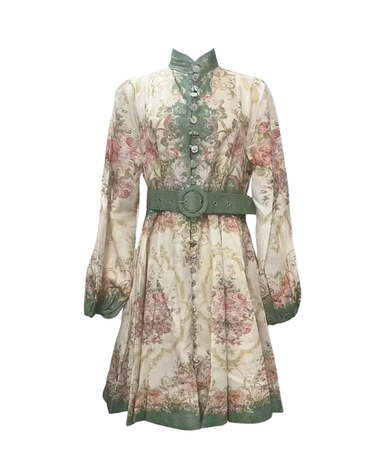 Isadora Sage Floral Belted Button Mini Dress