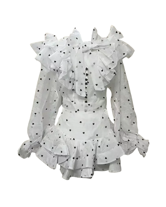 Isla White Heart Print Ruffle Detail Co-ord