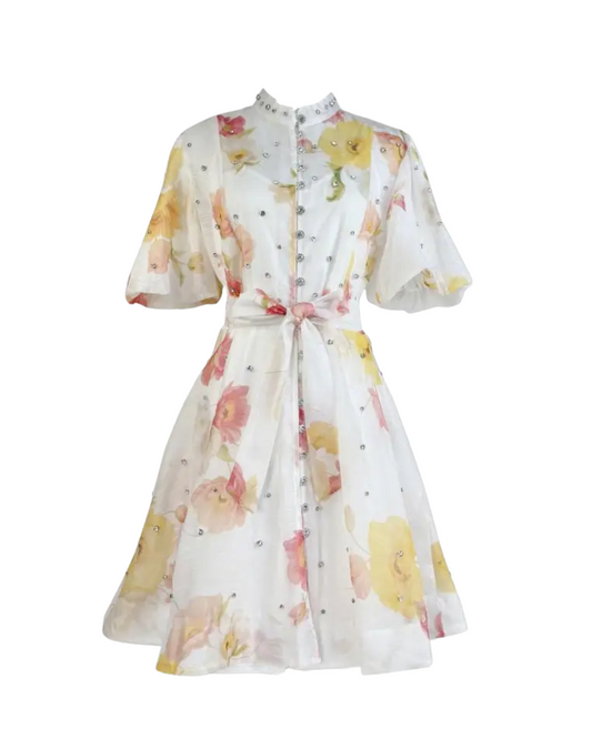 Colette White Floral Embellished Button Mini Dress