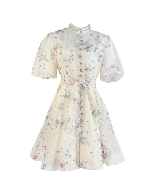 Colette White Floral Embellished Button Mini Dress